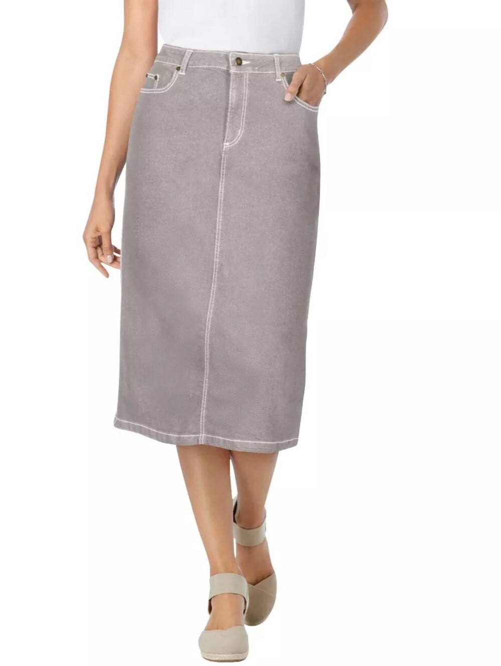 NWT Woman Within Midi Stretch Denim Skirt Sz 38 (5X) Grey Wash